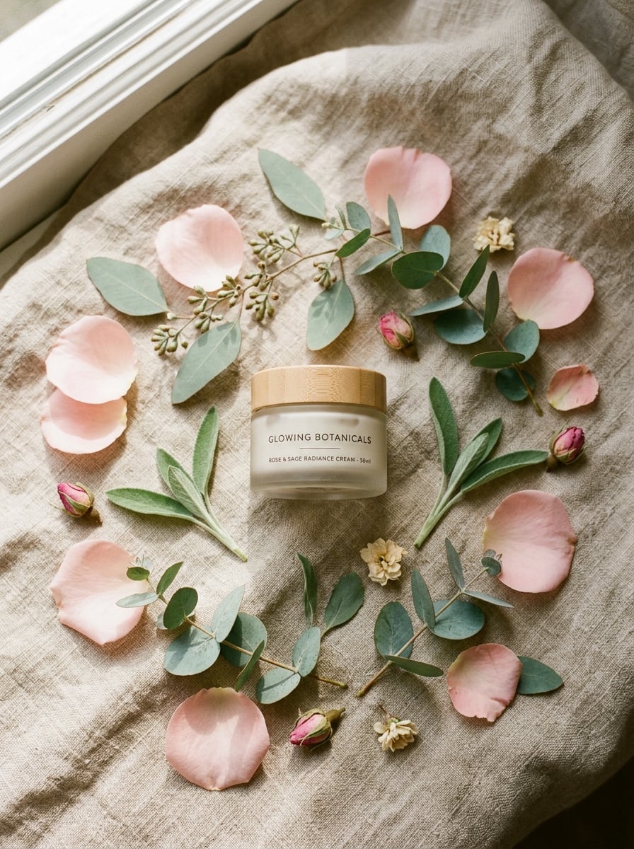 Botanical flat-lay with rose petals and face cream