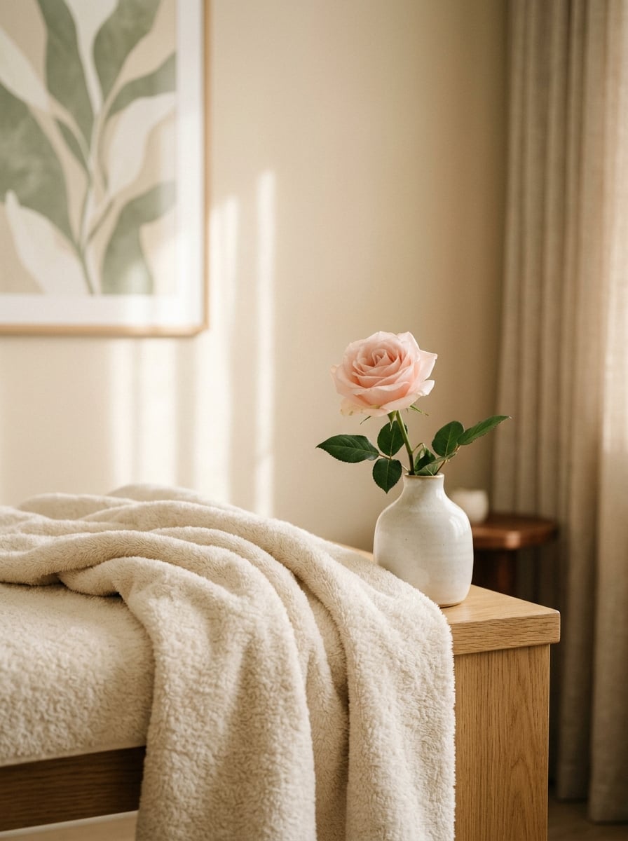 Calm spa room detail with a single rose